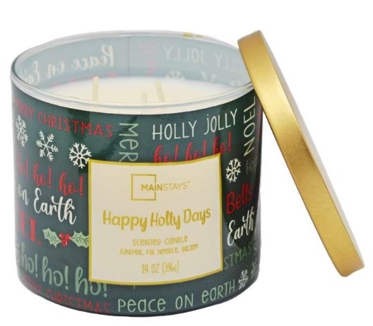 MAINSTAY 3 WICK CANDLE HAPPY HOLLY